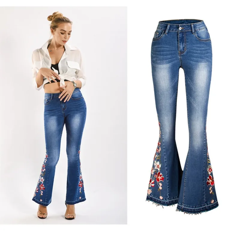 

Women's 3D Floral Embroidery Flared Jeans European American Style High Waist Wide Leg Denim Pants Streetwear