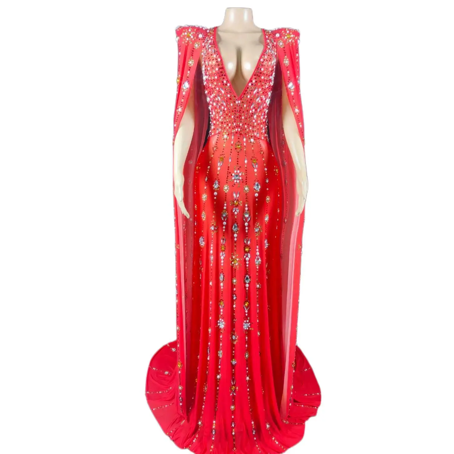 

Vlingdapijian Luxury Women Evening Dress Diamond Pearl Red Perspective Mesh Shawl Dress Birthday New Year Cocktail Prom Gowns