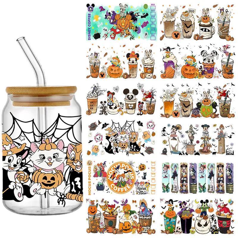 

Halloween Disney Mickey Cat 16OZ UV DTF Cup Wraps Transfer Sticker For Glass Libbey Can Bottle Selfadhesive Washable DIY Custom