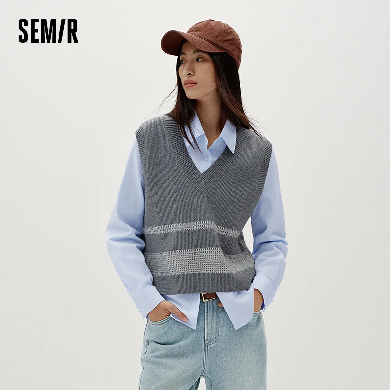 Semir Women Winter Shirt Striped V Neck Brushed Fabric Layering Minimal Design Two Piece Layering 2026 New Winter Daily Wear