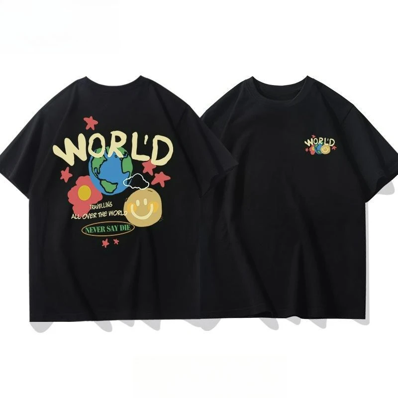 Y2K World Smiley Face Graffiti Oversized T-Shirt, Colorful Earth Graphic Tee, Harajuku Streetwear Heavy Cotton Top
