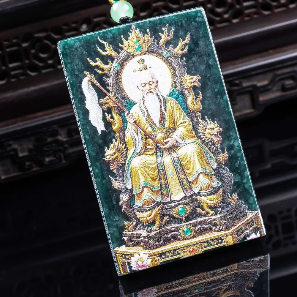 Natural Agrade jade Tai Shang Lao Jun blue water exquisite ultra clear spray painted high ice jade pendant Jade safety necklace