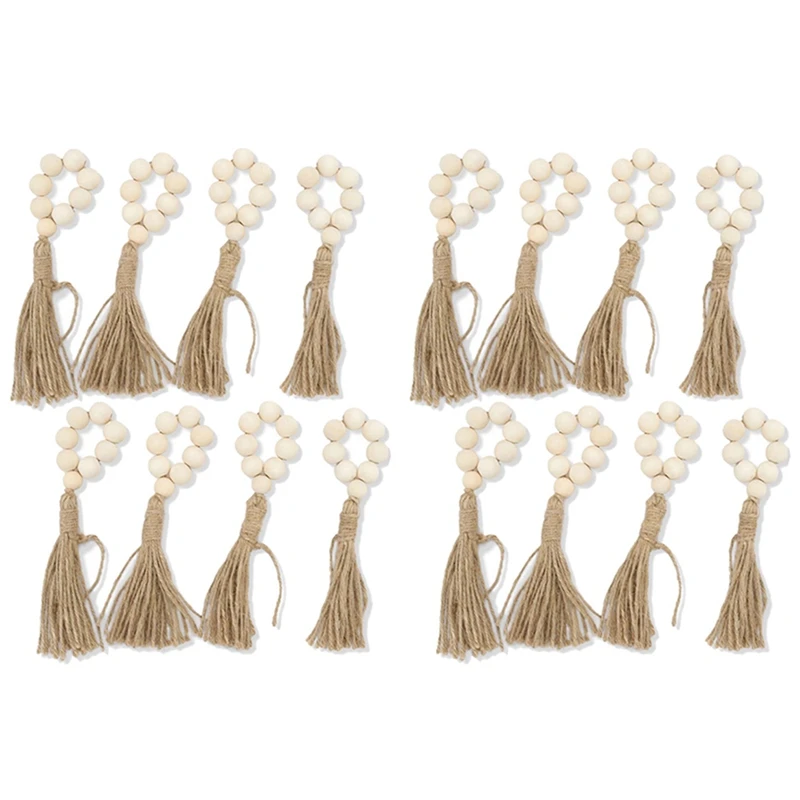 16PCS Tassels Wooden Bead Handmade Napkin Buckles Napkin Rings Farmhouse Natural White Wooden Beads Tassels