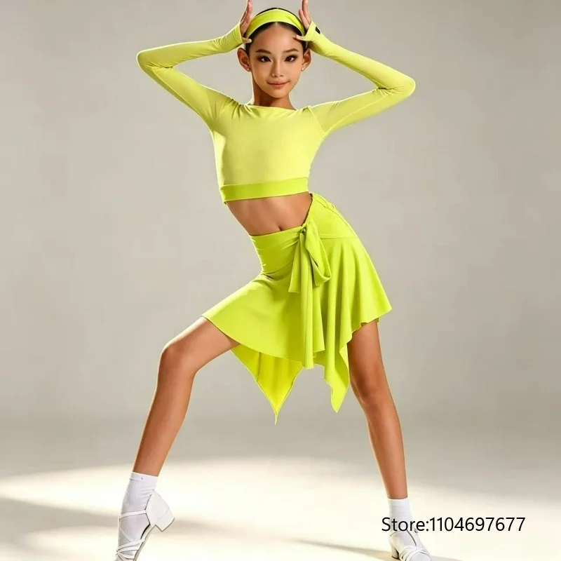 Cha Cha Tango Latein-Tanzkleid Herbst/Winter Mädchen-Übungskleid Langarm-Oberteil Unregelmäßiger Halbrock Trainingskleid