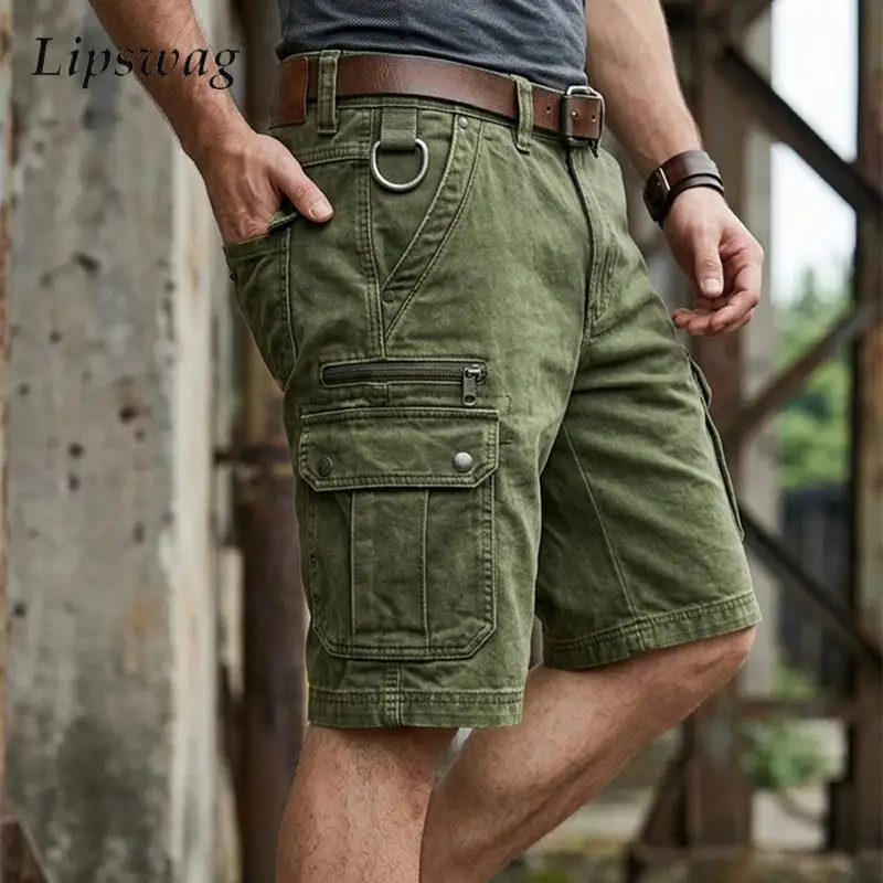 

Vintage Multi Pocket Cargo Shorts Men Casual Solid Color Loose Straight Shorts Spring Summer Mens Fashion Knee-length Bottoms