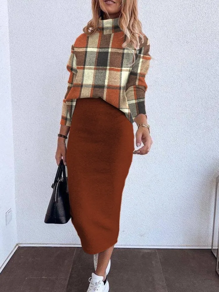 

Vintage Plaid Skirt Two Piece Set Women Turtleneck Pullover Package Hip Skirts 2 Piece Sets Fashion Lady Autumn Commuting Suit