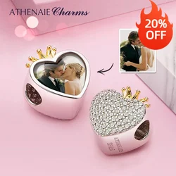 ATHENAIE Customized Photo Charms 925 Sterling Silver Personalized Images of Family Pets Lover Heart Crown Charms for Bracelet