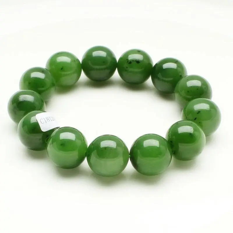 Authentic, high-quality Hetian jade bracelet from Xinjiang, featuring spinach-green round beads