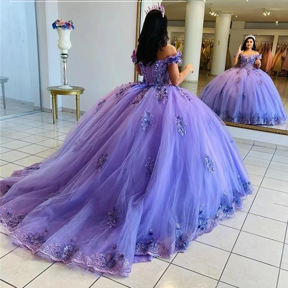 Paars Quinceanera Jurken Uit De Schouder Baljurk Jurk 3D Bloemen Zoete 16 Vestidos De Fiesta