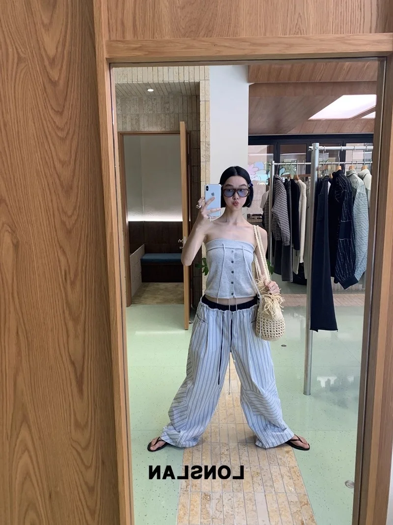 Blue Striped Wide Leg Pants Women's Summer 2025 New Dstring Elastic Waist Splicing Lazy Straight Casual Trousers