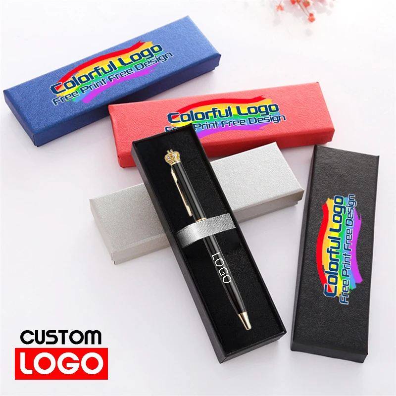 

Шариковая ручка с короной и бесплатной коробкой для печати логотипа, канцелярские принадлежности, подарок, гравировка текста, металлическая ручка, школьные и офисные письменные принадлежности на заказ