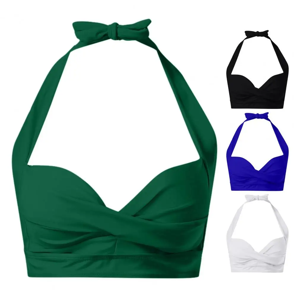 

Vacation Beach Swimming Tank Tops Women Bikini Tops Halter Knotted Design Backless Swimming Tops Solid Color Swimsuit Bra