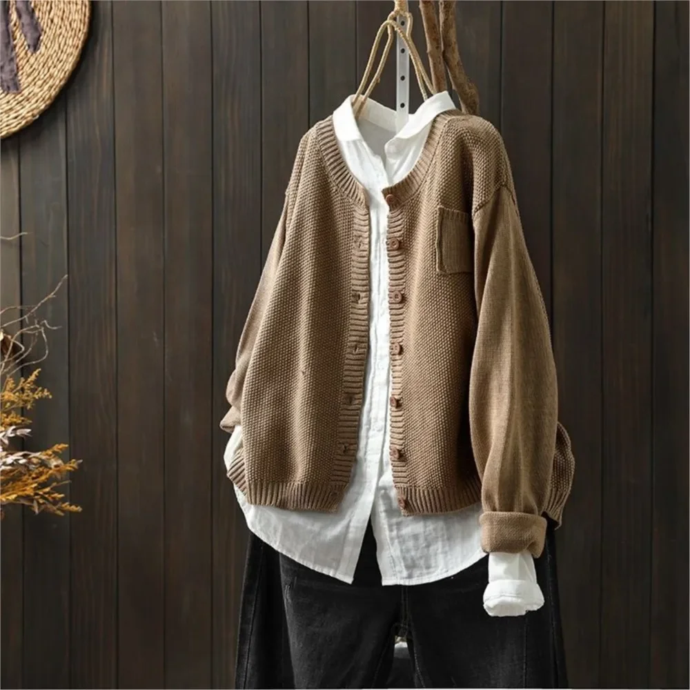 

Autumn Winter Fashion Women's Cardigan Jacket Retro Coat Literary Loose Casual Versatile Vintage Long Sleeve Knitted Sweater Top