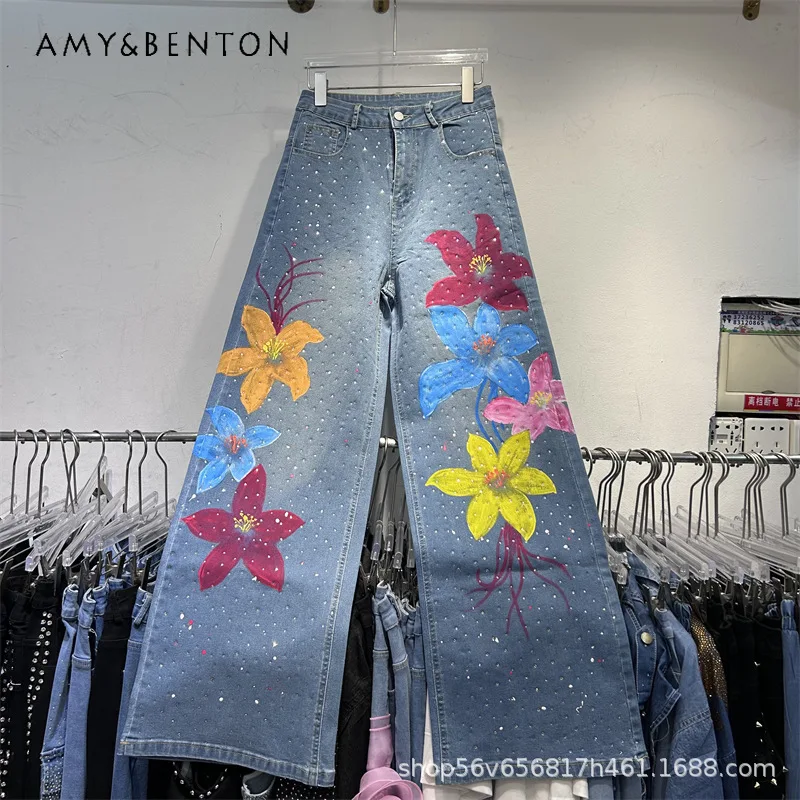 

Джинсы свободного кроя в европейском стиле с принтом из страз, модные широкие брюки, стильные длинные штаны для женщин