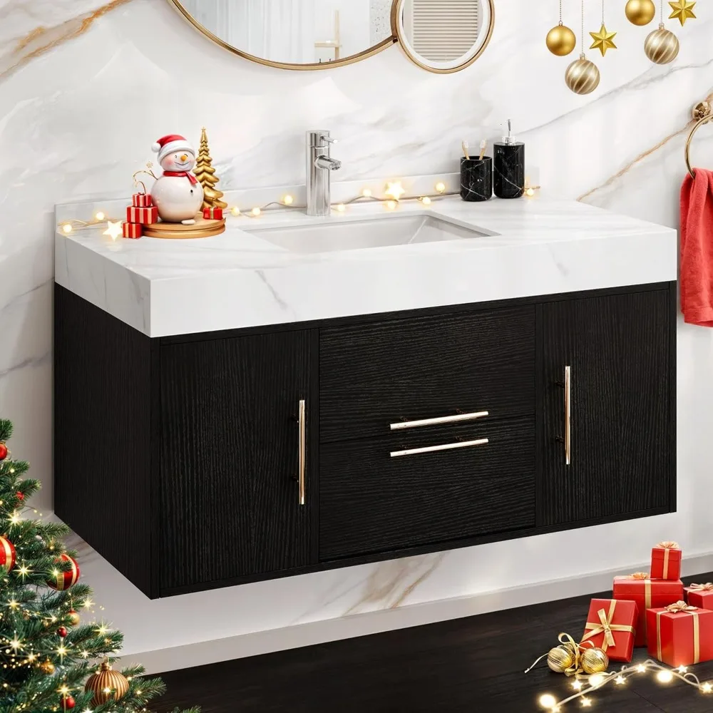 

Floating Bathroom Vanity with Sintered Stone Countertop and Ceramic Basin Sink with 2 Drawers, Bathroom Cabinet