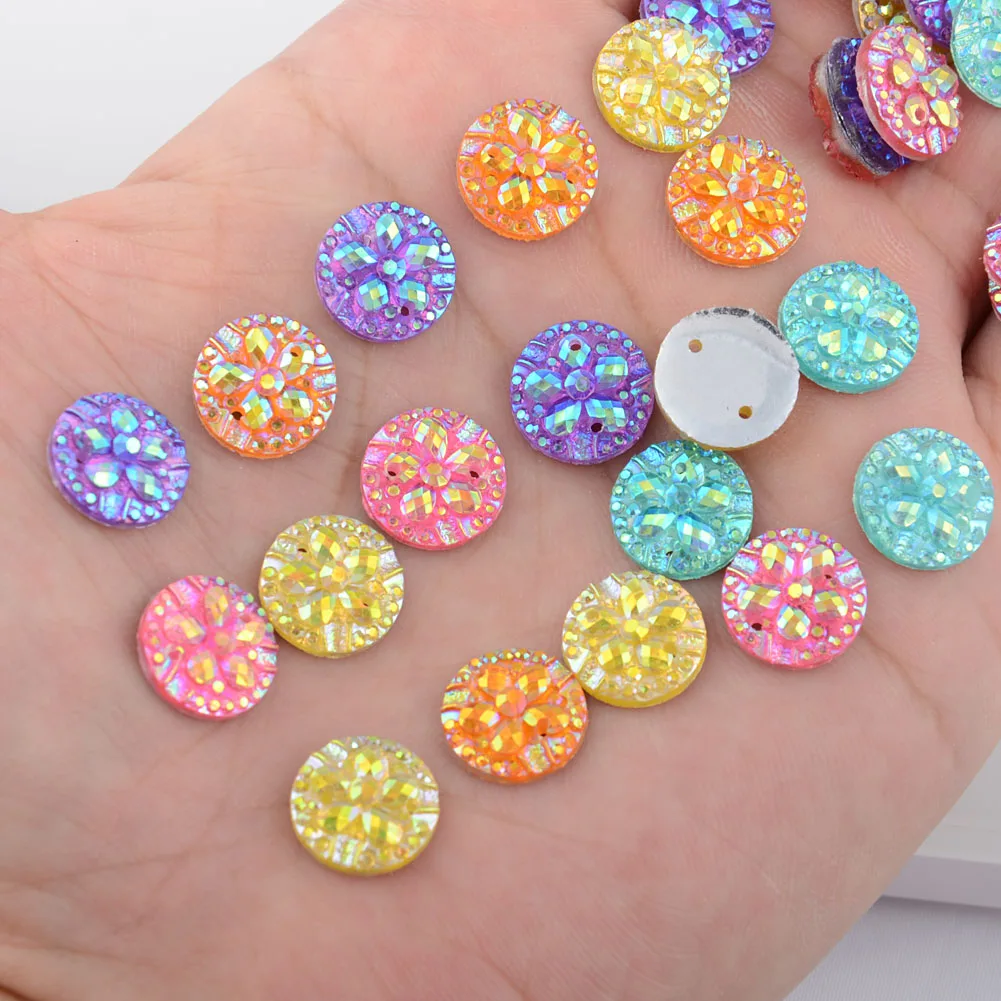 60pcs 12mm Round AB Resin Rhinestone for Sew on Clothes Home Decor Lamp Shades Crafts DIY Wedding Appliques Decoration