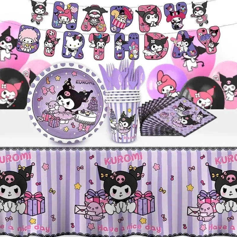 MINISO Sanrio Kuromi Kawaii Festival Theme Disposable Tablecloths Girls Children Birthday Layout Party Dessert Table Decoration