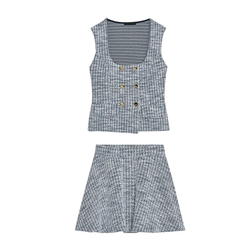 

Square Collar High Waist Skirt Set ort Sve Button up Texture Print Top And High Waist Skirt Two Piece Summer Outfit