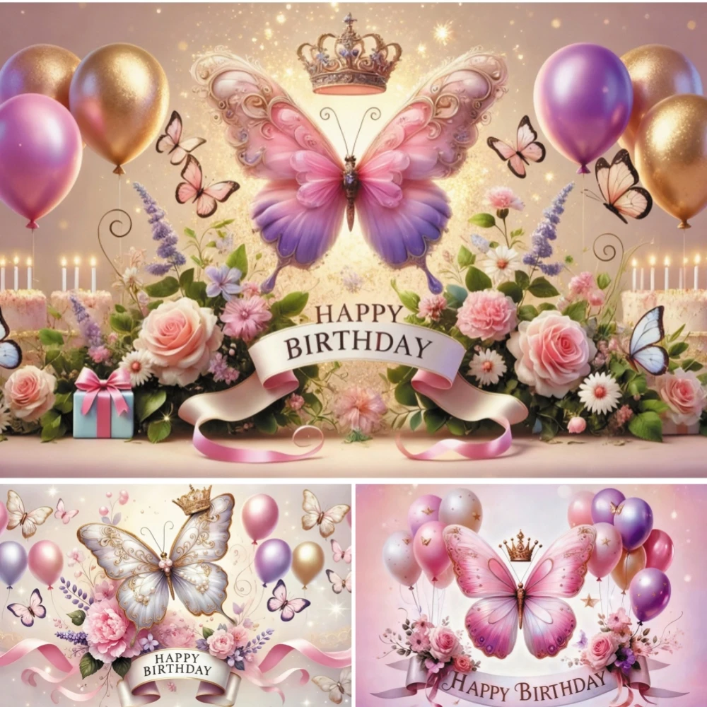 

Butterfly Birthday Backdrop Balloon Crown Colorful Flowers Adults Kids Birthday Party Decorations Backgrounds for Photographs