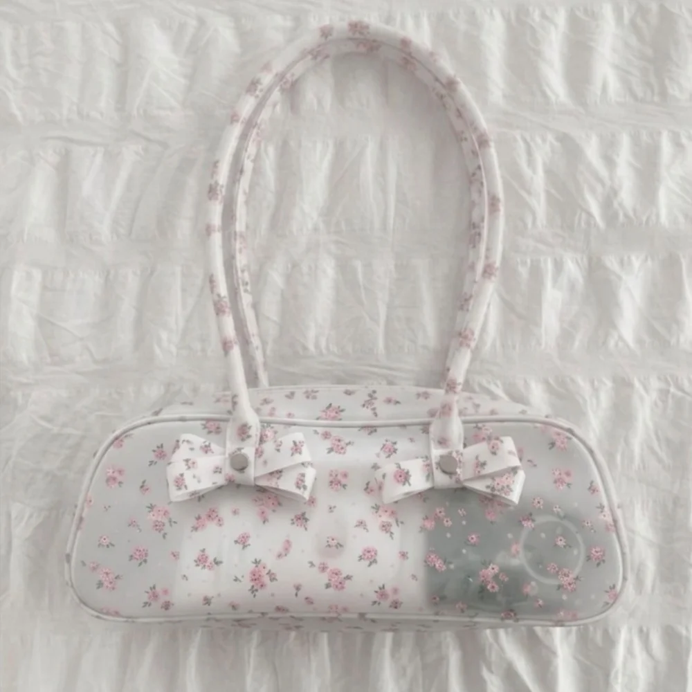 Romantic Girl Floral PVC Shoulder Storage Bag Bow Decoration Mini Boston Handbag Y2K Coquette Aesthetic Purse For Shopping Party - view 6