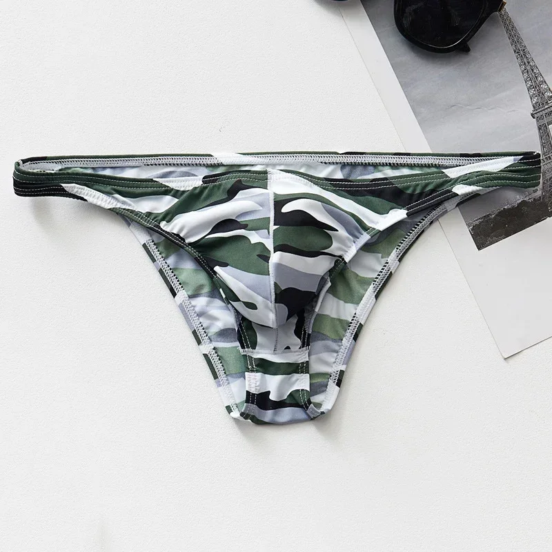 Men\'s Sexy Leopard Camouflage Printed Ice Silk Low Waist Breathable Briefs Smooth Elastic Underpants Erotic Tight Mens G-string