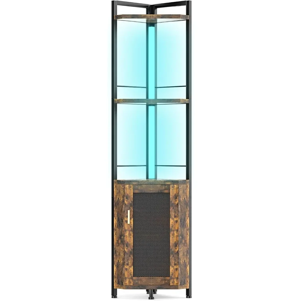 Armário de barras com luz RGB, armário de barras de prateleira de canto de madeira de ferro, prateleira alta para livros, decorar o armário de bar com porta, armário de barras