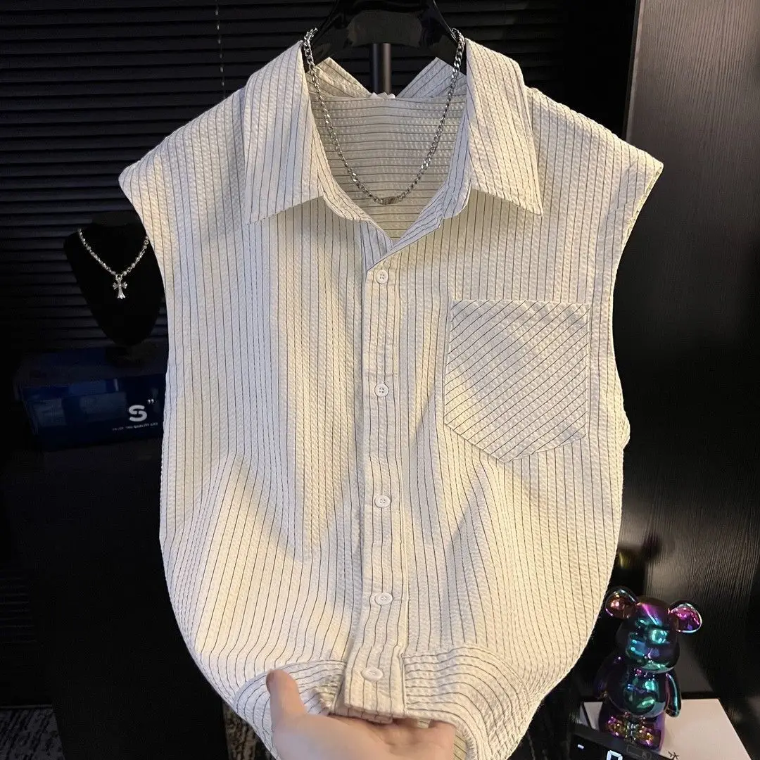 

Men's Loose Sleeveless Striped Button Up Shirt Summer Fashion Contrast Color Casual Breathable Tank Top 2026 Trend Streetwear