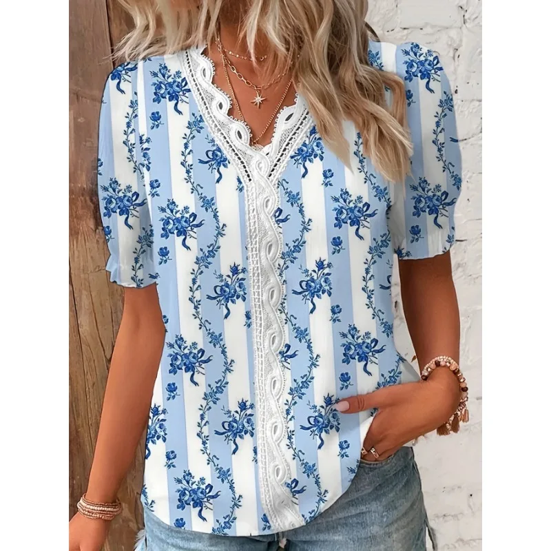 Summer Women\'s Commuting Short Sleeved Shirt Fashionable V-neck Lace Patchwork Printed Shirt Casual Holiday Women\'s Shirt