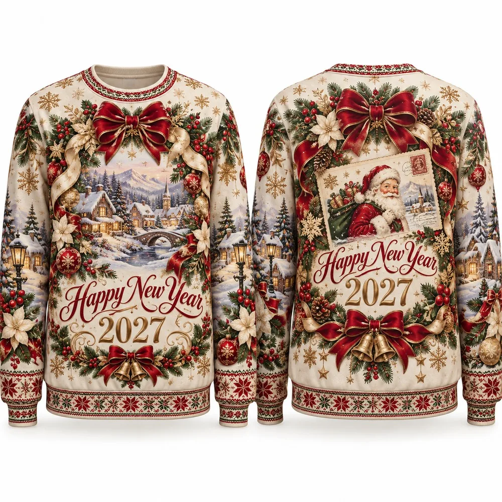 Funny Ribbon Bow Gala Ugly Christmas Sweater Adds Happy New Year 2027 Cheer to Decorated Sweaters with Poinsettias and Baubles
