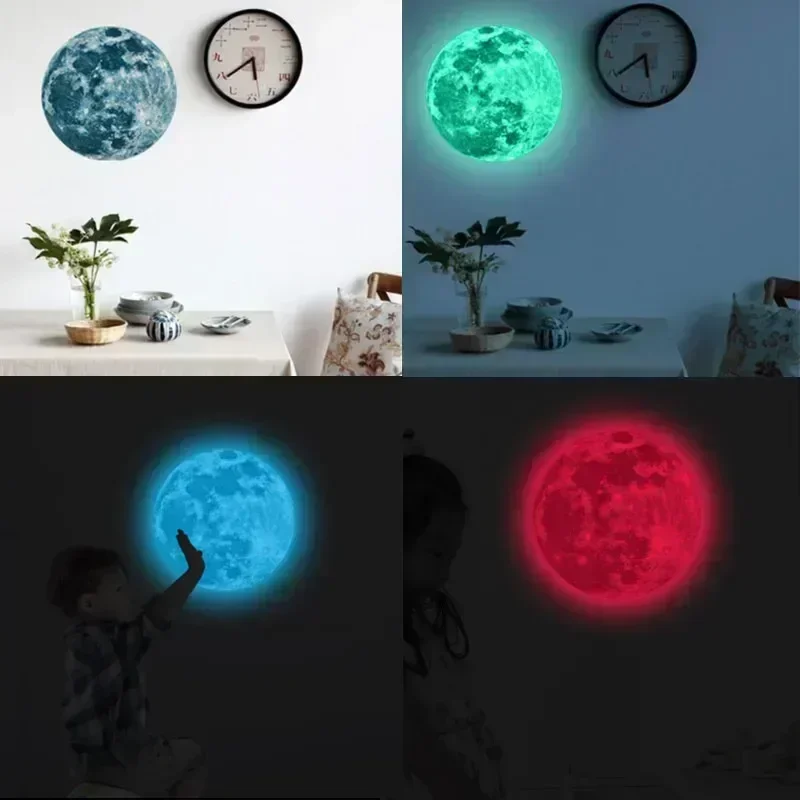 5-40cm Luminous Moon Sticker PVC Waterproof Green Blue Pink Glowing Moon Sticker Home Glow in The Dark Wall Decoration Stickers