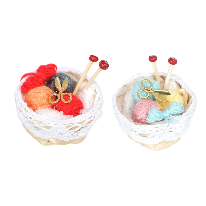 1:12 Dollhouse Miniature Bamboo Basket Braided Yarn Ball Needle Balls Scissors Sweater Knitting Tool Basket Set Home Model Decor