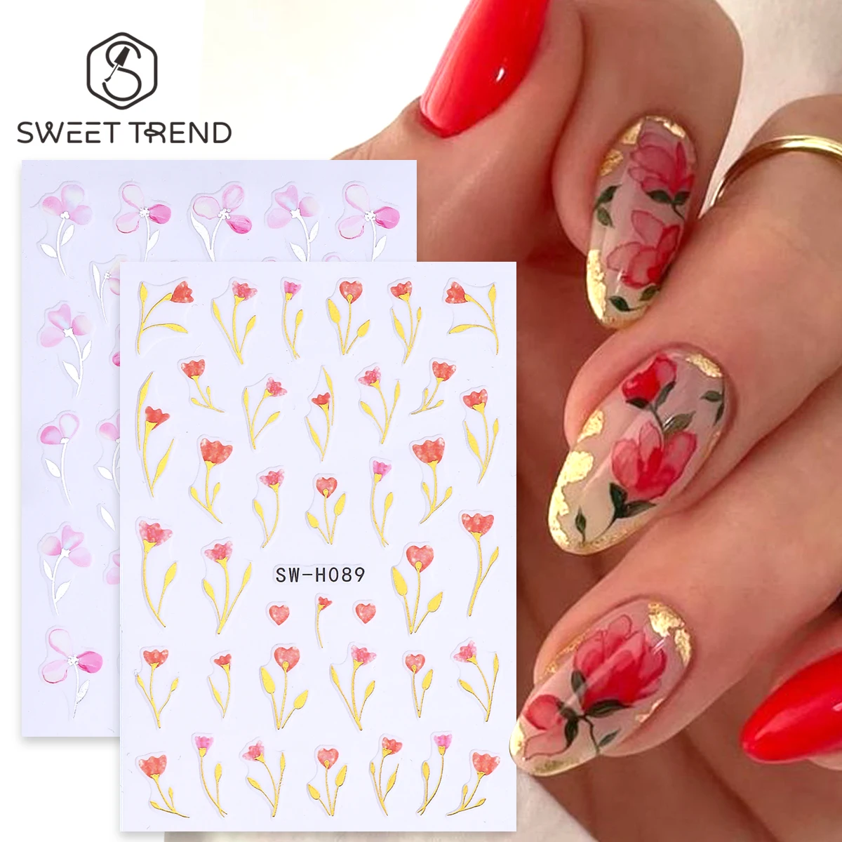 2pcs Metallic Watercolor Flower Nail Stickers Elegant Tulip Poppy Floral DIY Foils Creative Spring Summer Decals Manicure Decor