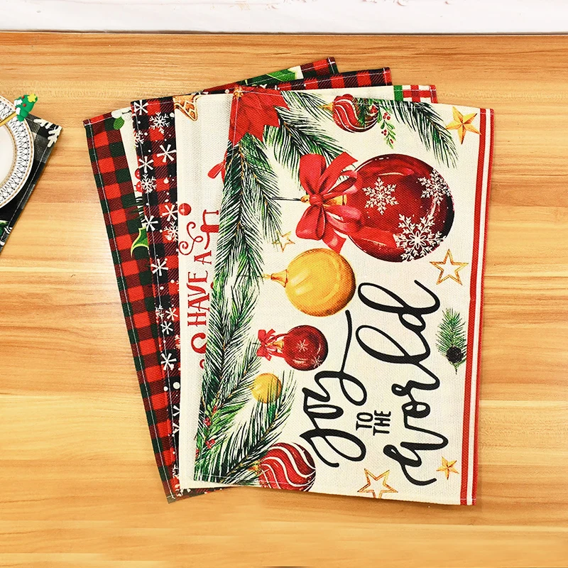 

Merry Christmas Table Placemat 30*45cm Linen Christmas Tree Santa Snowmen Print Dining Table Mat Xmas Party Table Pad Decoration
