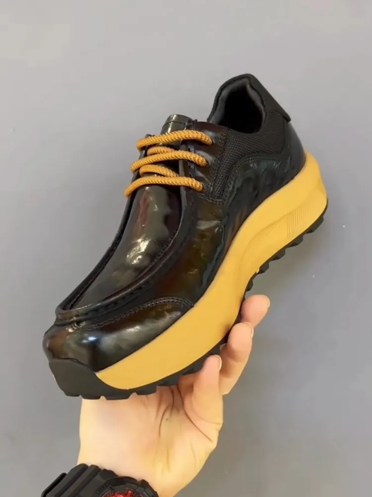 Autumn Genuine Cow Leather Spliced Men Casual Shoes Fashion Thick Soled Low Cut Footwear Business Round Toe Lace-Up Sneakers