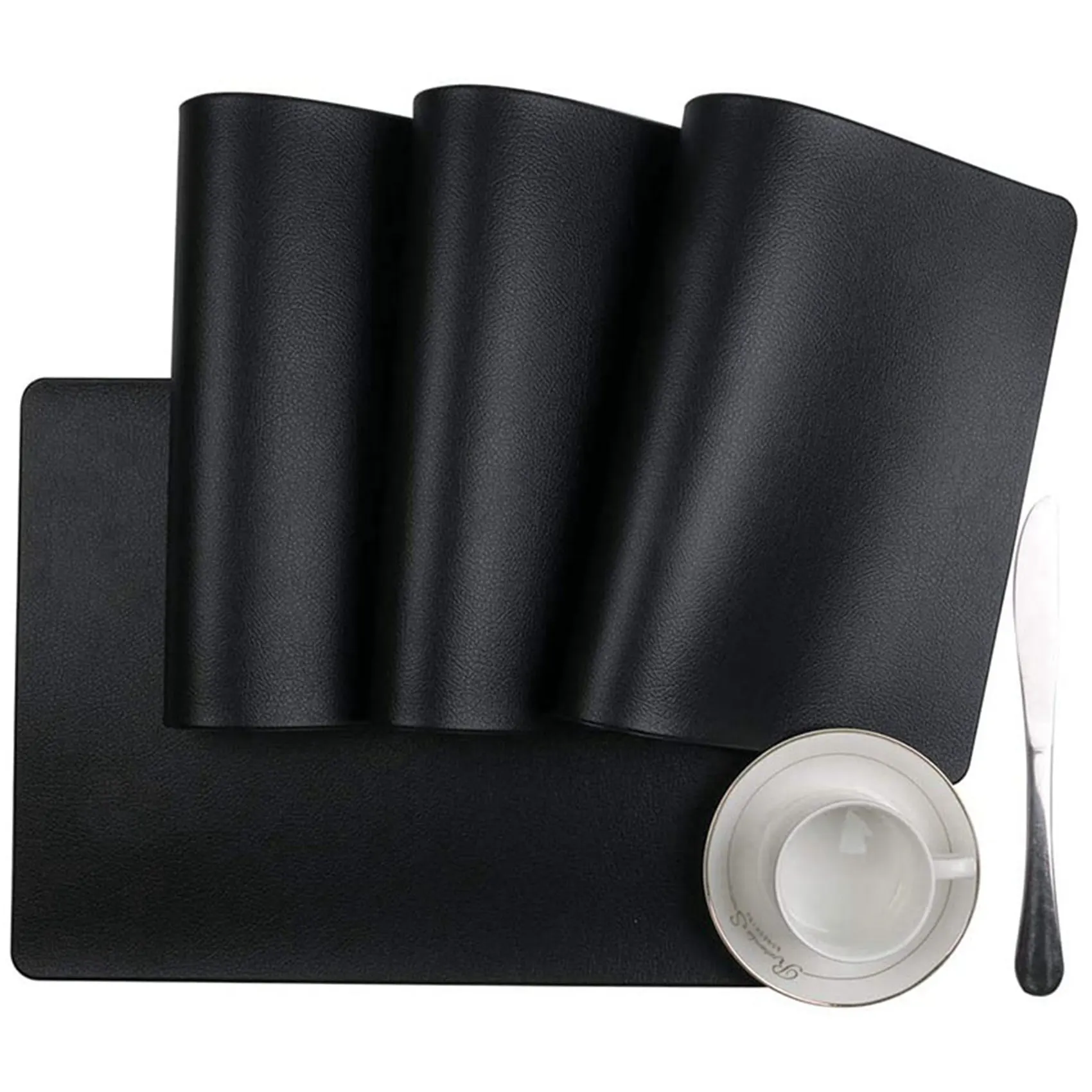 HRBAJ-8PCS Heat-Resistant Placemats, Artificial Leather Placemats, Waterproof, Non-Slip, Washable Kitchen Placemats, (Black)
