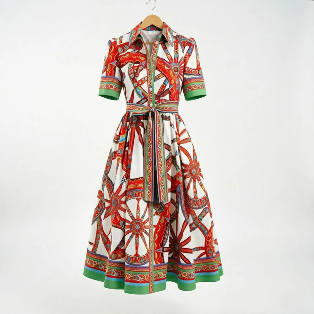 Damen Vintage-Kleid mit Kutscherrad-Print, Kurzarm, Reverskragen, Taillengürtel, A-Linien-Midikleid, Elegantes Party- und Freizeitkleid
