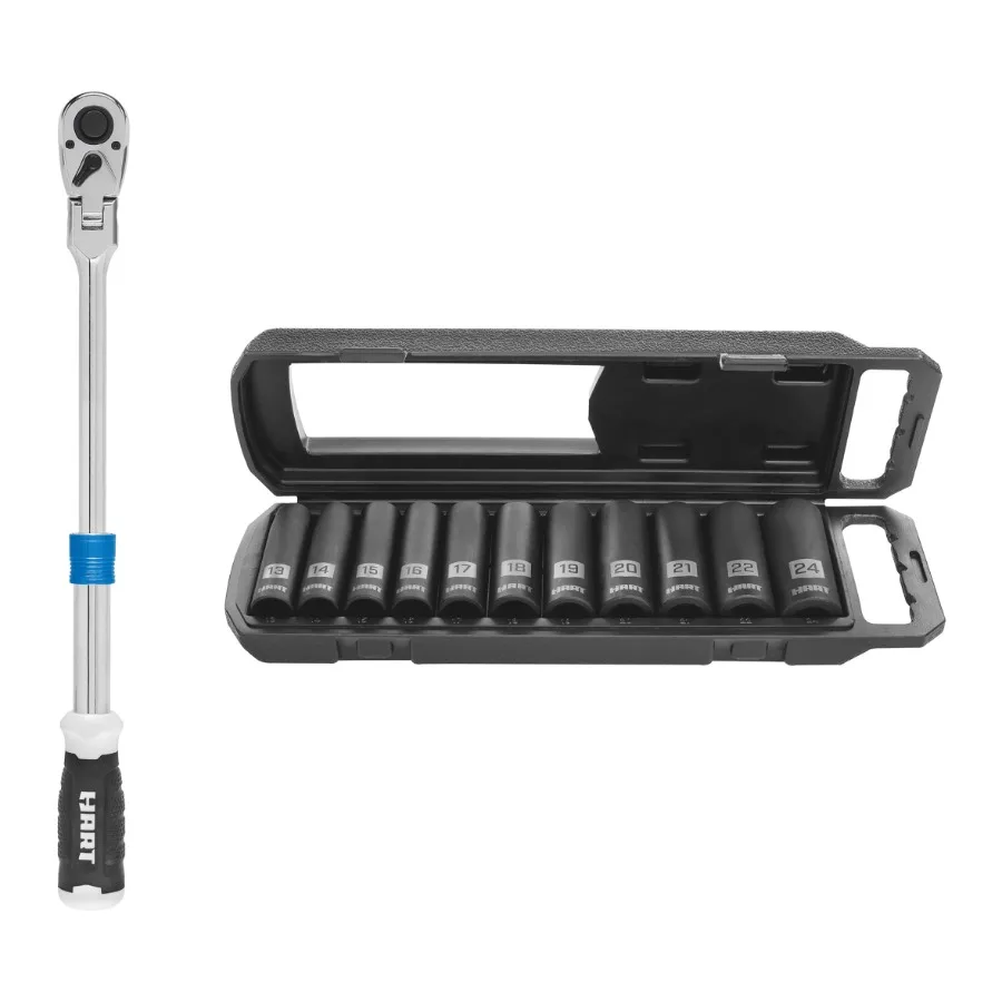 

HART 1/2-inch Drive Extendable Ratchet with Flexible Head and HART 11-Piece 1/2-inch Drive MM Impact Socket Set Chrome Vanadium