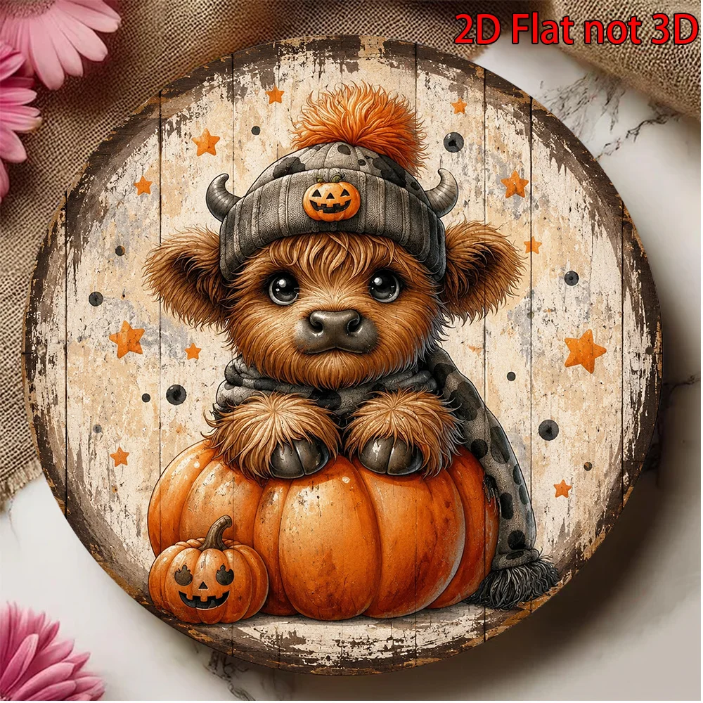 2D Flat, 1pc 8x8in/20x20cm 2D Flat Round Aluminum Sign, Vintage Aluminum Plaque Featuring a Cute Halloween Calf, Autumn Pumpkin