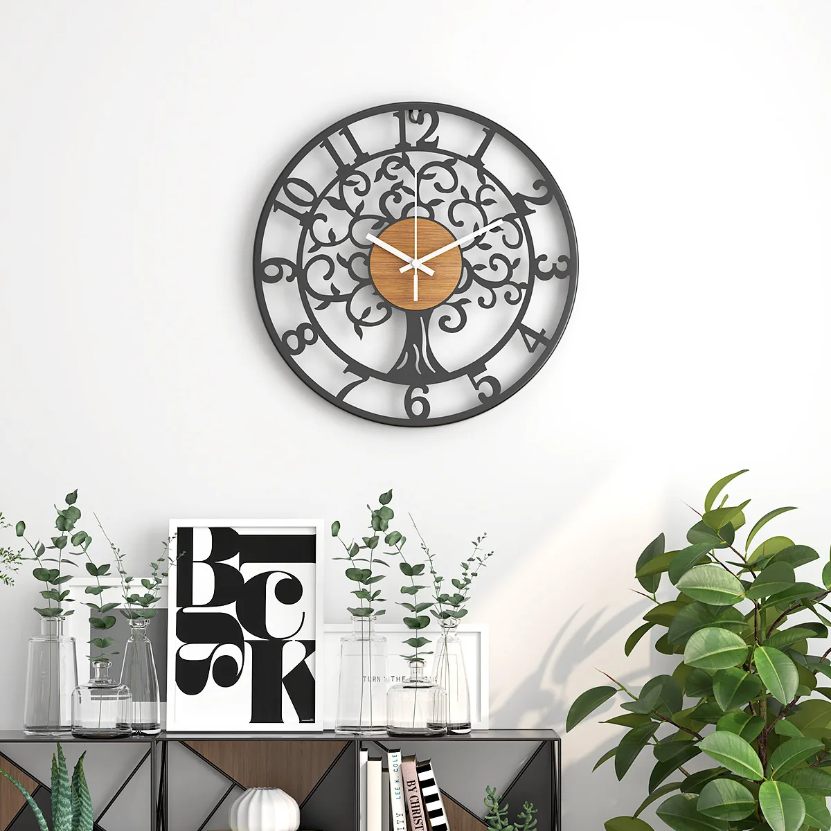 Life Tree Iron Art Wood Grain Board Wall Clock Simple Digital Watch