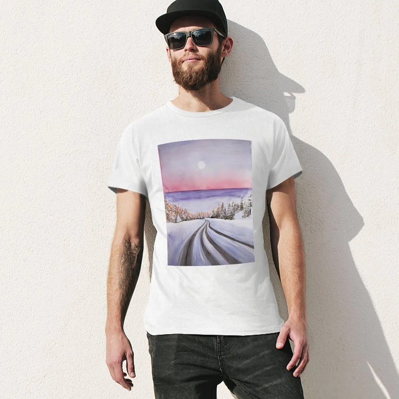 Camiseta por encima de la carretera para hombre, ropa bonita, paisaje de invierno, Amanecer, nueva edición