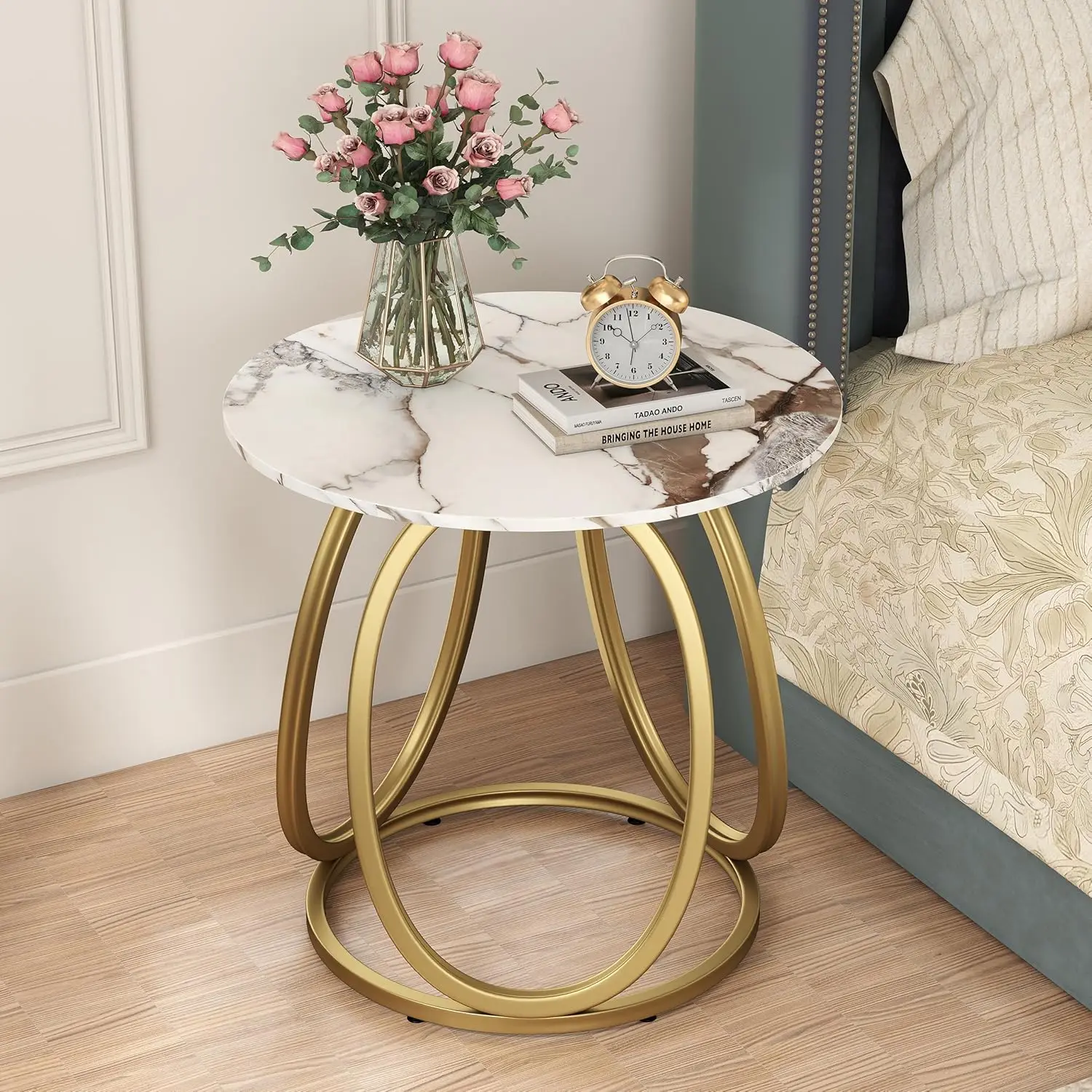 

Gold Side Table Living Room, Round End Table with Marbling Stone, Nightstand with Metal Frame, for Bedroom, Home Office