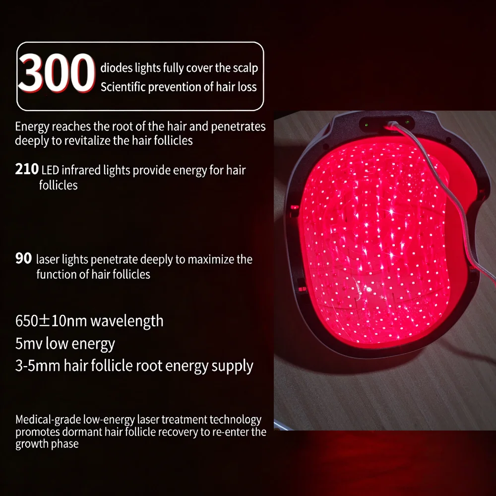 

Лазерная шапка для роста волос 650 нм, 6750 мВт, низкоуровневая лазерная терапия для лечения истончения волос и облысения, 90 лазеров, 210 светодиодов