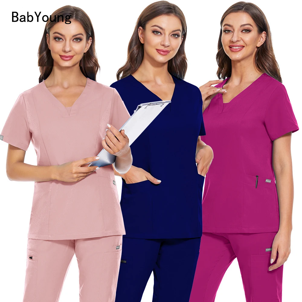 Beauty Salon Pocket Nursing Uniform Ladies Short Sleeve V-neck Blouse Care Workers Scrub Tops Nurse Workwear Medical Uniforms