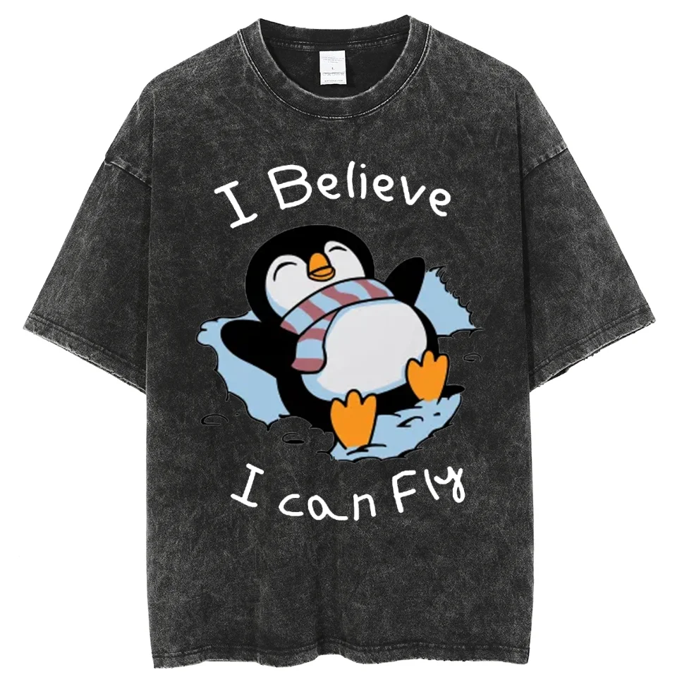 Bonito Padrão Pinguim Impresso T-shirt, Harajuku Lavado Tops de Manga Curta, Várias Cores, Algodão Marca De Luxo T-shirts, Streetwear