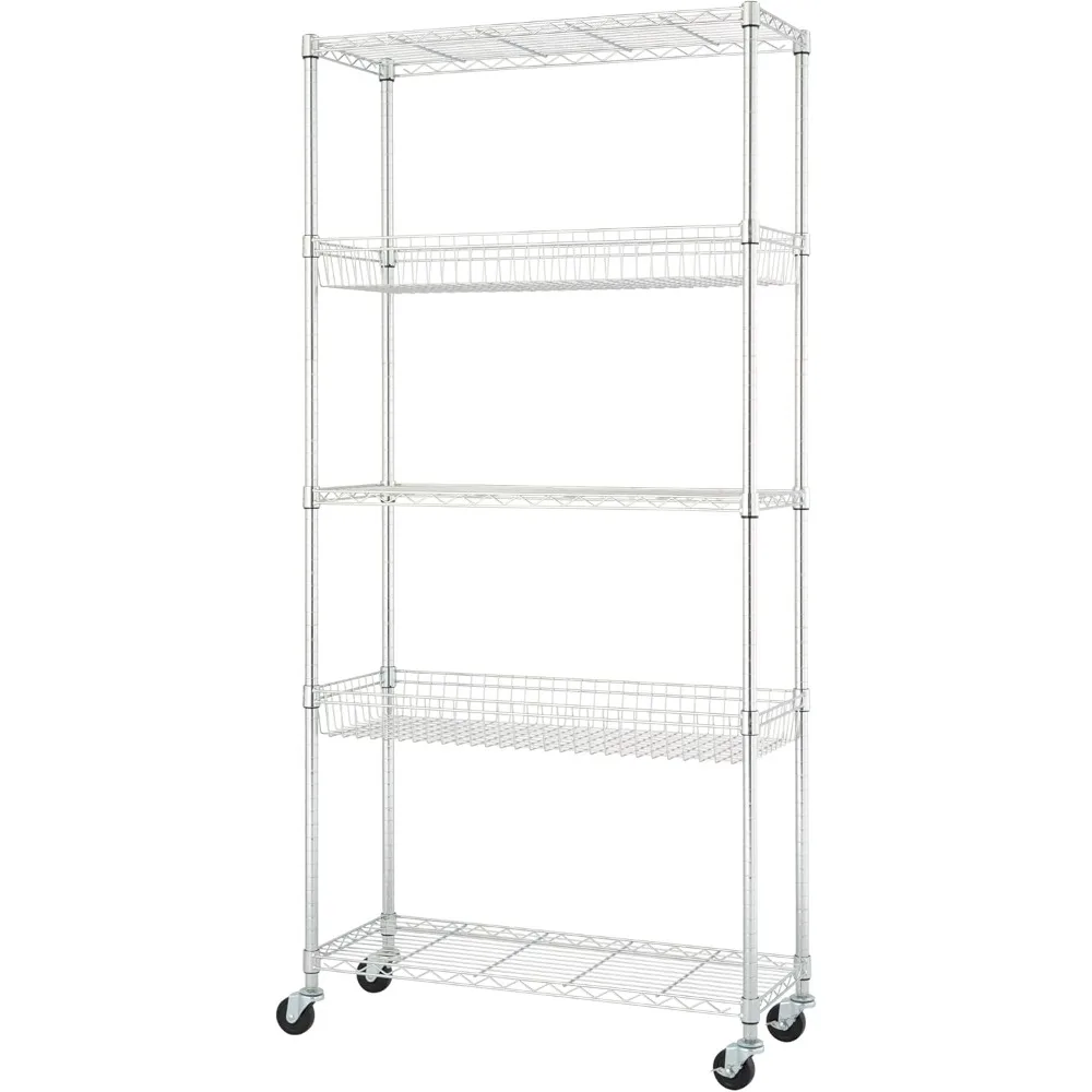 

TRINITY 5-Tier Commercial Wire Shelving Rack With Baskets And Wheels, NSF Certified, EcoStorage Chrome, 36" x 14" x 72