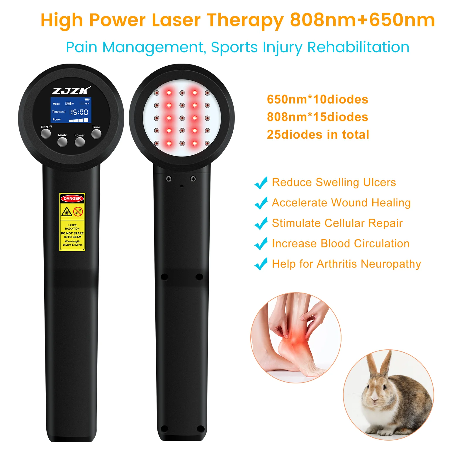 ZJZK Cold Laser Therapy For Sports Injuries Low Level lllt Laser For Dog Muscle 650nmx10diodes+808nmx15diodes Ligament Strain