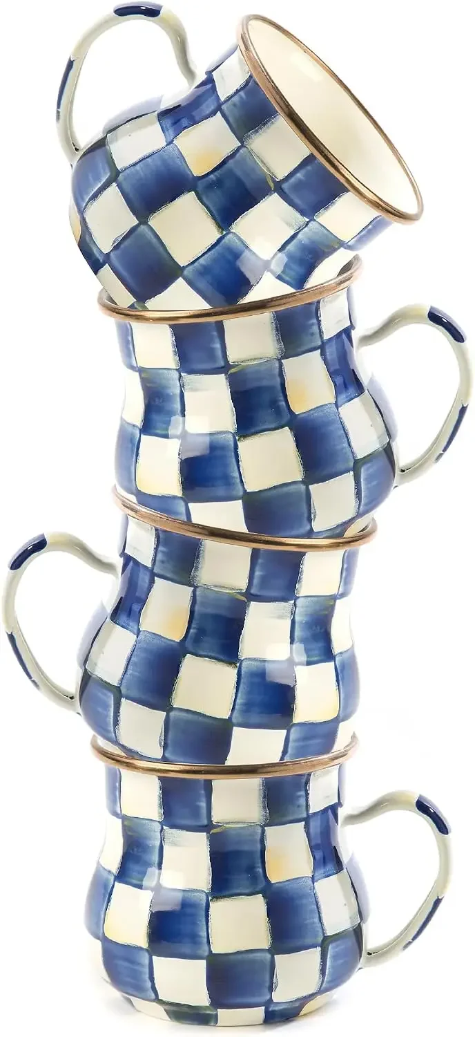 Enamel Mug, Cute Enamelware Coffee and Tea Mug, Unique Drinkware, 16 Ounces, Blue-and-White Royal Check, Set of 4