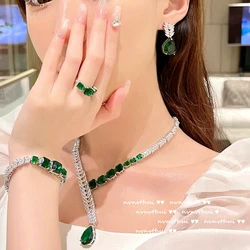 Sterling 925 Silver Green Zircon Wheat Shape Necklace Earrings Ring Bracelet for Women Delicate Wedding Bridal Party Jewelry Set
