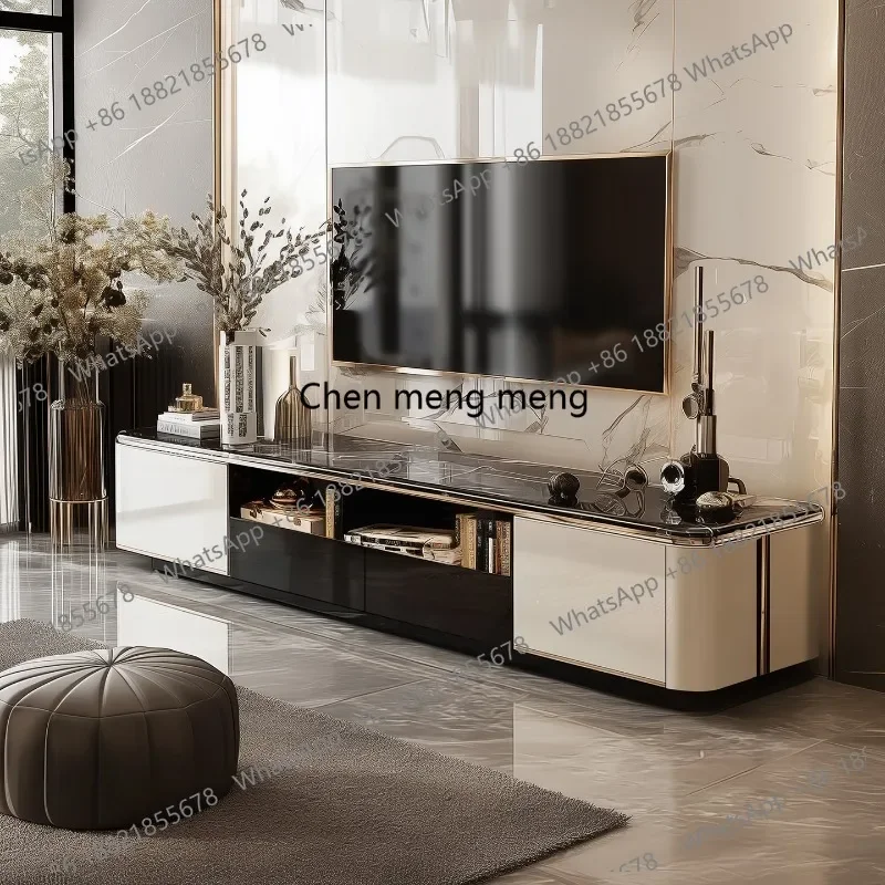 F181 Modern TV Cabinet Long Living Room Microcrystalline Stone Solid Wood Multi-layer Floor Locker Hollow Out