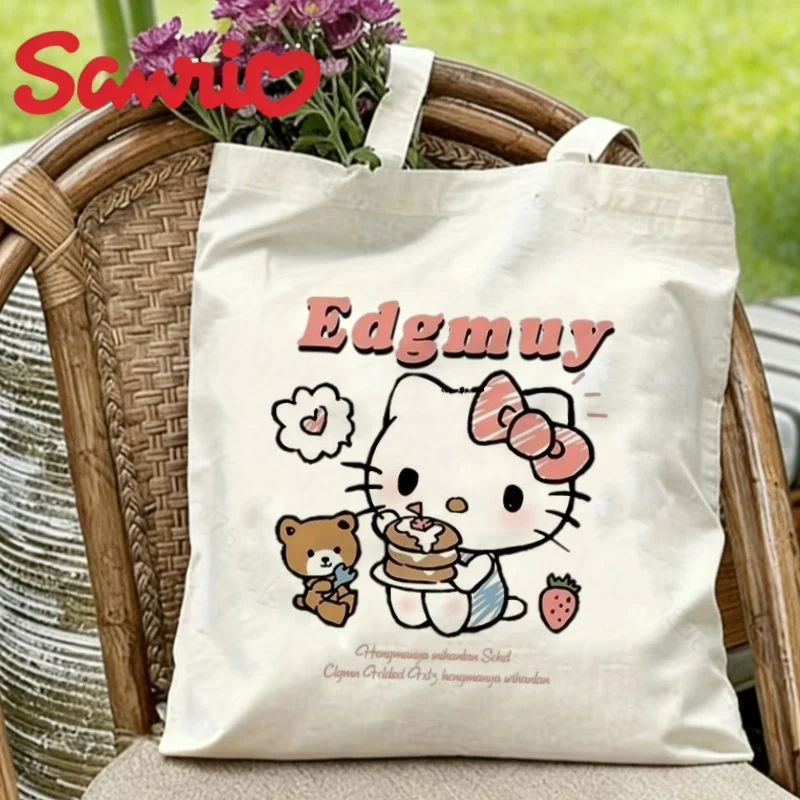 

1 шт. Эко-сумка через плечо из холщовой ткани с изображением Hello Kitty, блинов и плюшевого мишки, многоразовая